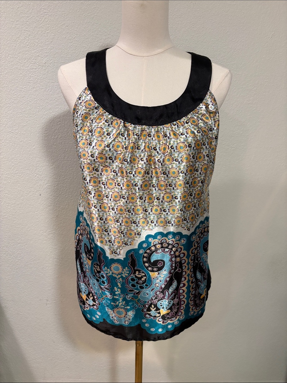 Satin Paisley-Print Camisole top with Black Scoop Neck